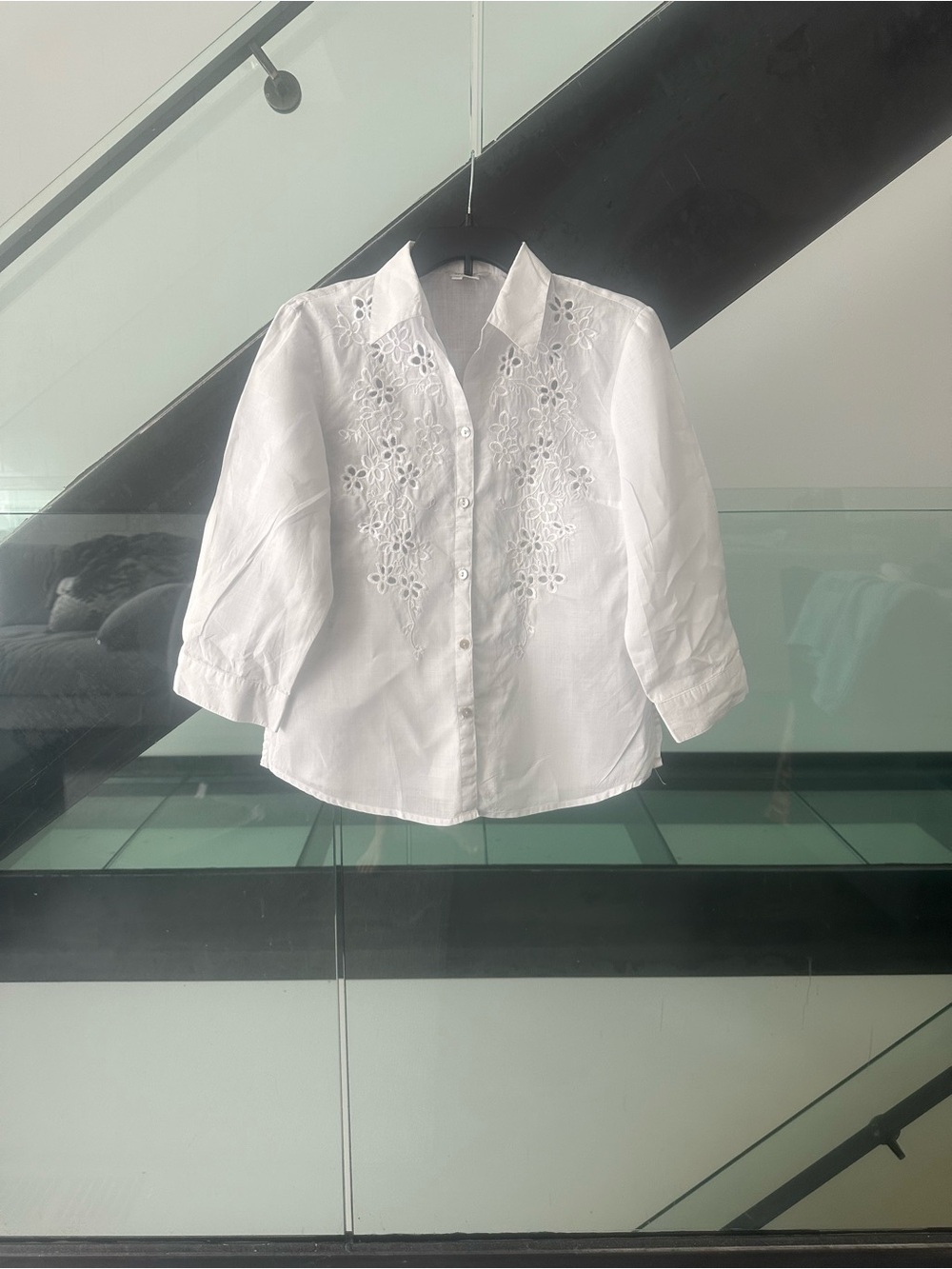White Eyelet Button-Down Shirt with Quarter Length Sleeve